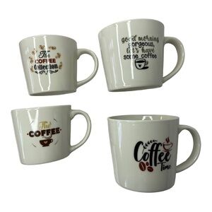 The Coffee Collection Ceramic Coffee Mug Quote 4 PC Set White/Brown 10 oz. NEW
